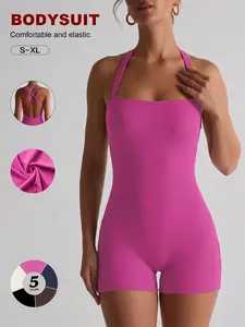Women’s Ribbed Knit Halter Neck Bodysuit Shorts, Crisscross Back Slim Fit Jumpsuit, Comfortable & Stretchy, Casual Romper, Athletic Romper