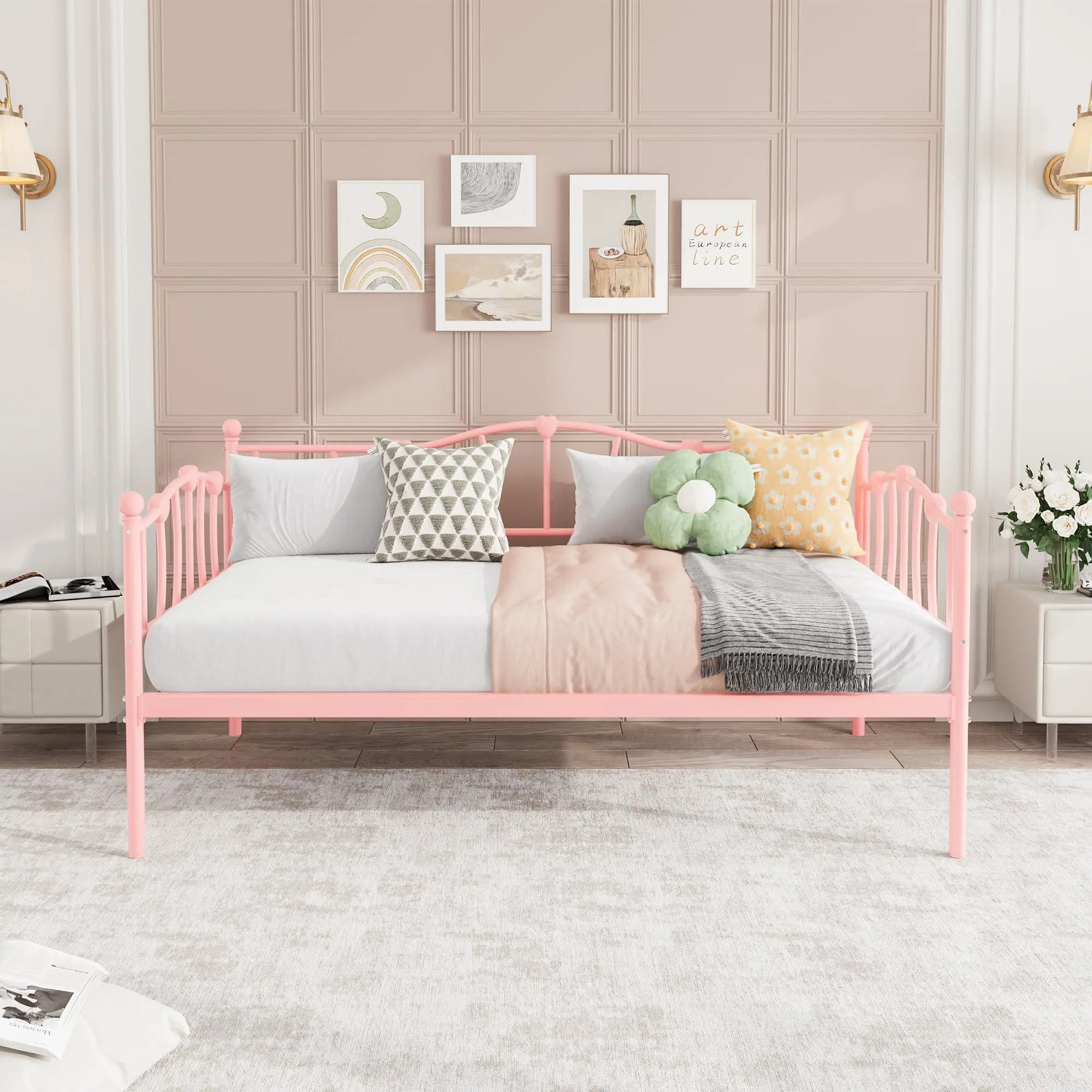 Minimalist Twin Metal Frame Daybed with Trundle, Easy Trundle Slide, Steel Slat Support, Love Heart Design, Space-Saving for Living Room & Bedroom, No Box Spring Needed