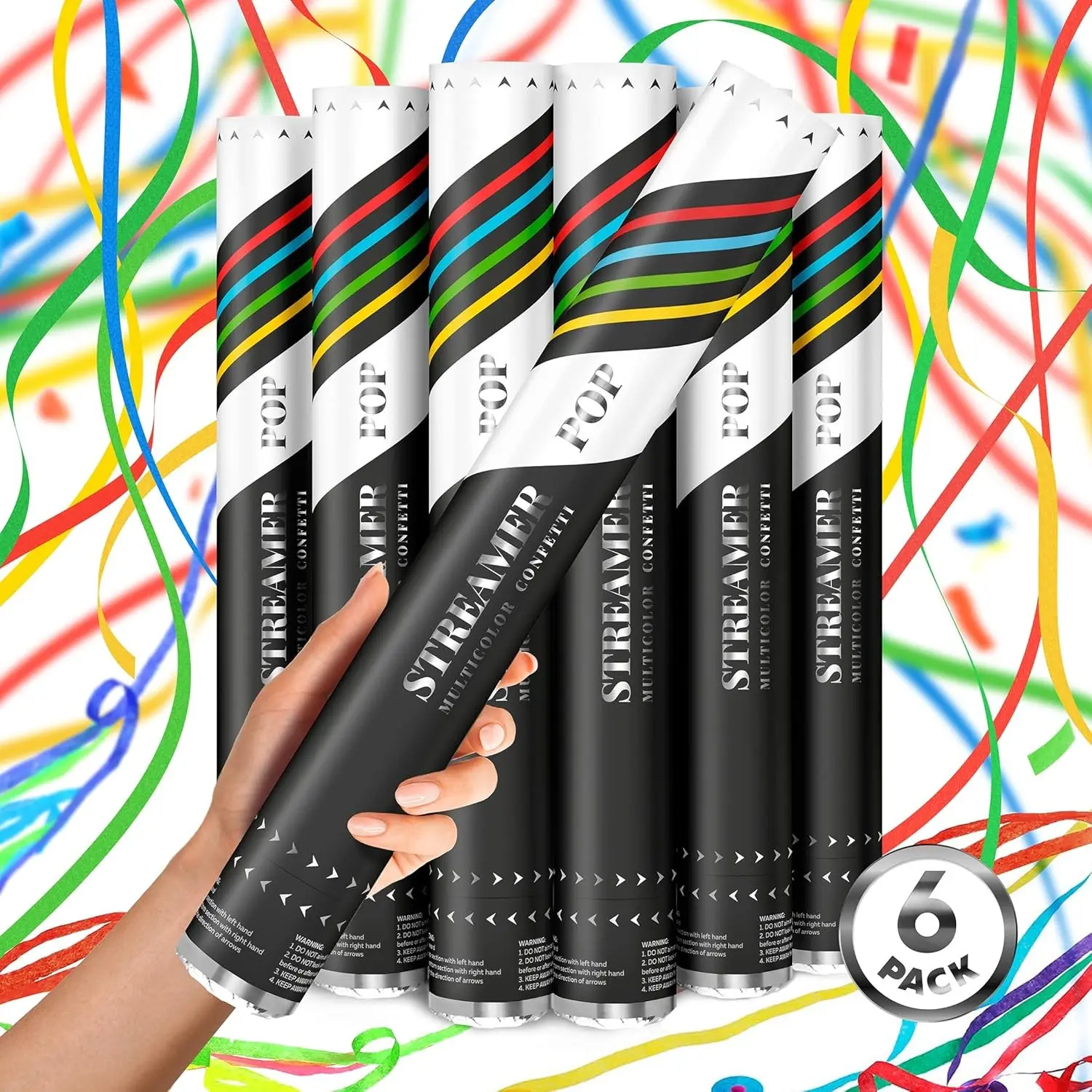 Multicolor Streamer Confetti Cannon Cartridge – 6 Handheld Streamer Popper with Easy Cleanup for Parties & Events | Loud POP | Fly up to 40ft | Biodegradable 16” Streamer Confetti Cannons
