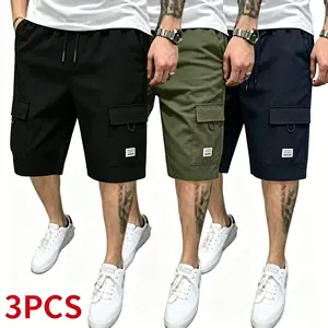 Men's Summer Casual Cargo Shorts - Elastic Drawstring Waist, Multiple Pockets & Letter Patch Design, Regular Fit Mid-Rise Non-Stretch Fabric for Daily Wear & Leisure Activities, Nontransparent Fabric, Menswear, Minimalist tiktokshopspringglowup,summervibe