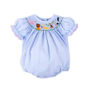 Animal Friends Blue Gingham Smocked Bishop Bubble - Baby Girls Safari Outfit for the Zoo