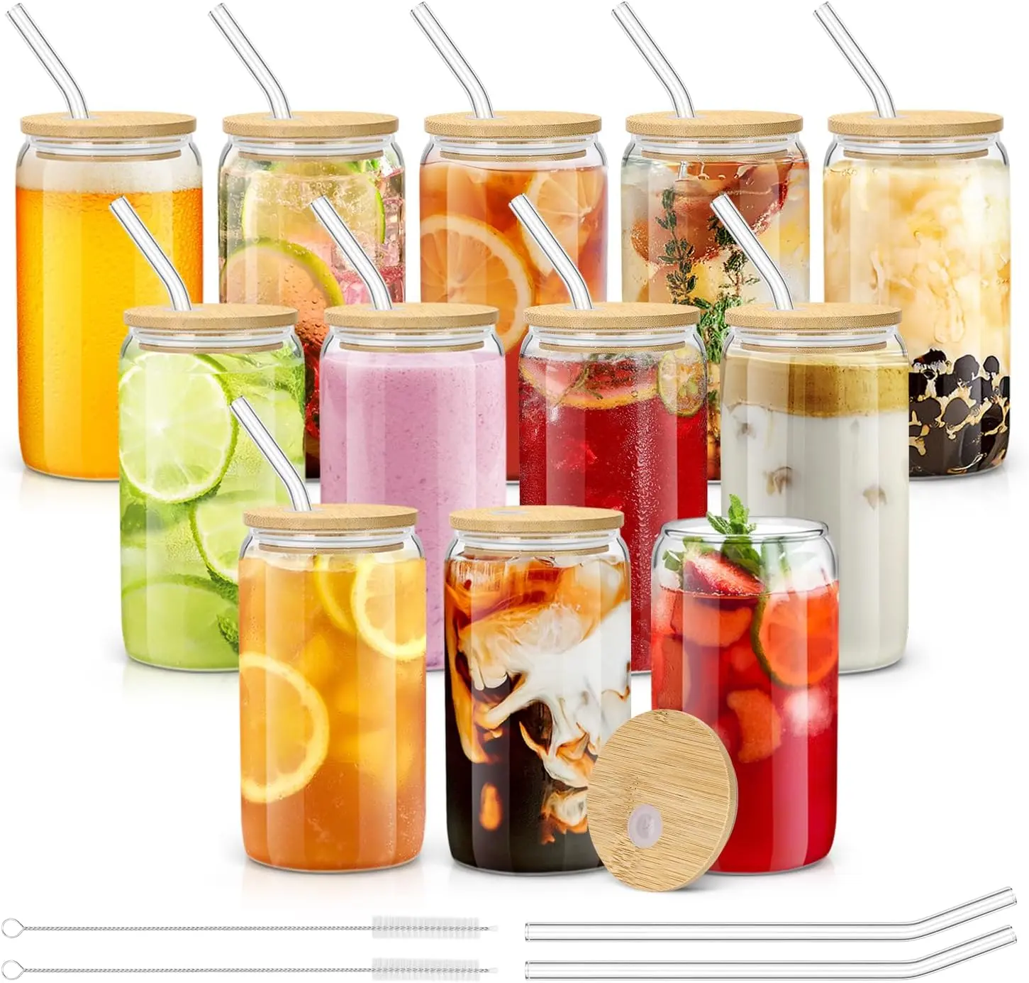 Stylish Multi-Size Reusable Round Glass Tumbler Drink Sets (4/6/8/12pcs) - 6pcs Option Included, Bamboo Lids, Straws, Cleaning Brush, Decorative Stickers, Ideal for Iced Coffee, Soda, Cute Cups, Varied Capacity