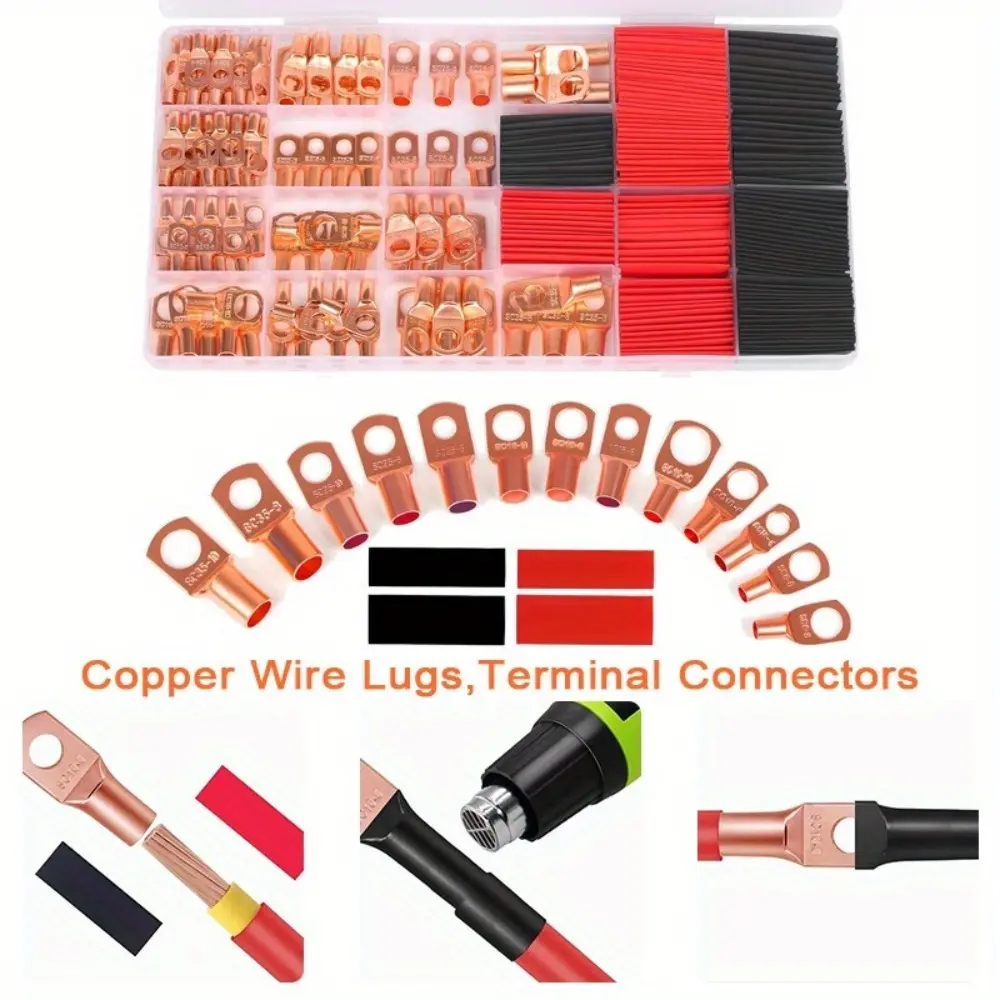 Peephole copper tube terminal SC terminal block copper wire lug, terminal connector for AWG12 10 8 6 4 2 cable, heat shrink sleeve, bare copper wire lug, ring terminal connector, 120Pcs battery cable lug and 140Pcs heat shrink sleeve Tube(260PCS)