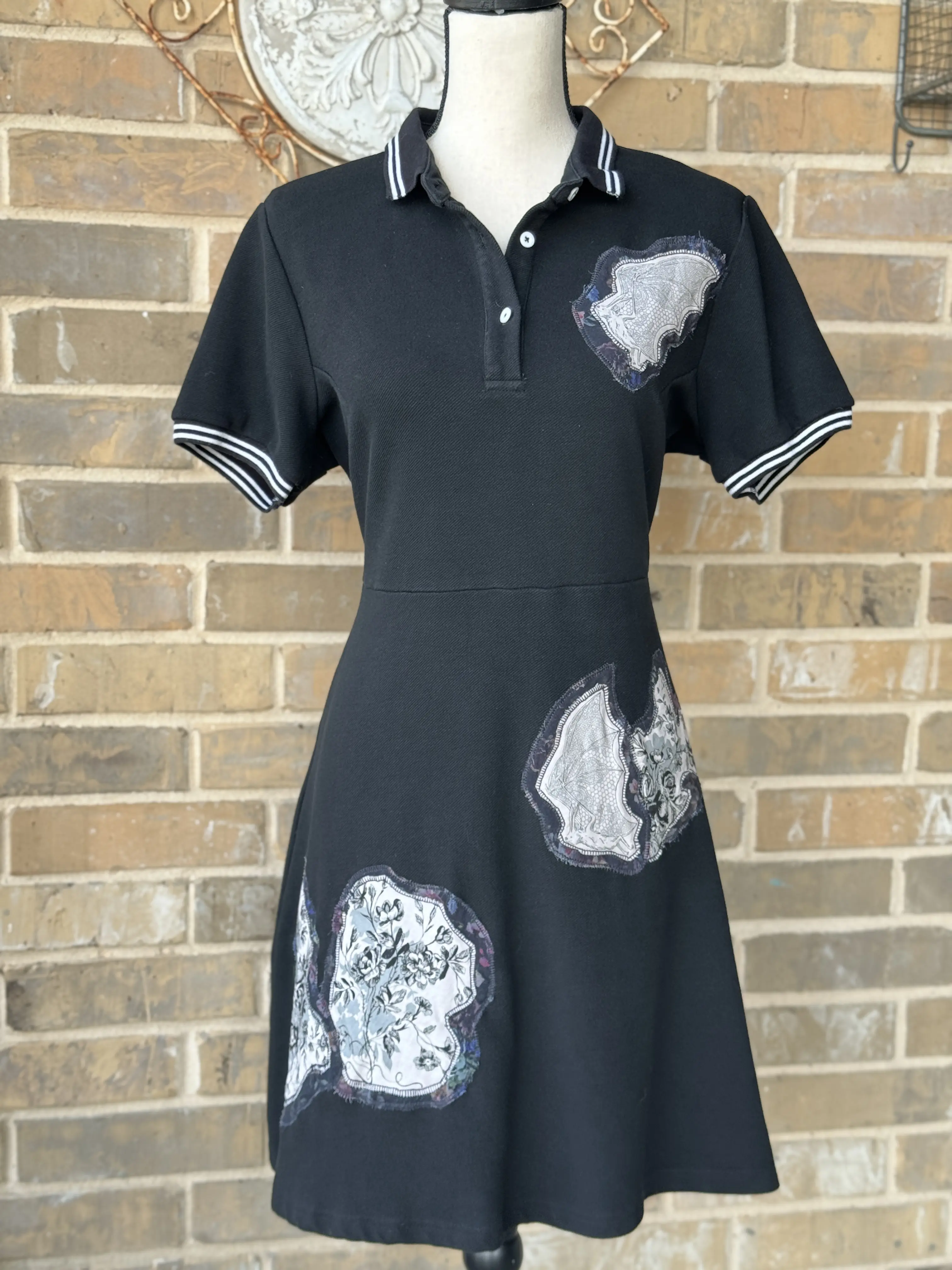 Give It a Shot - I'm Batty for you - Upcycled short sleeve black dress with bat and floral patchwork