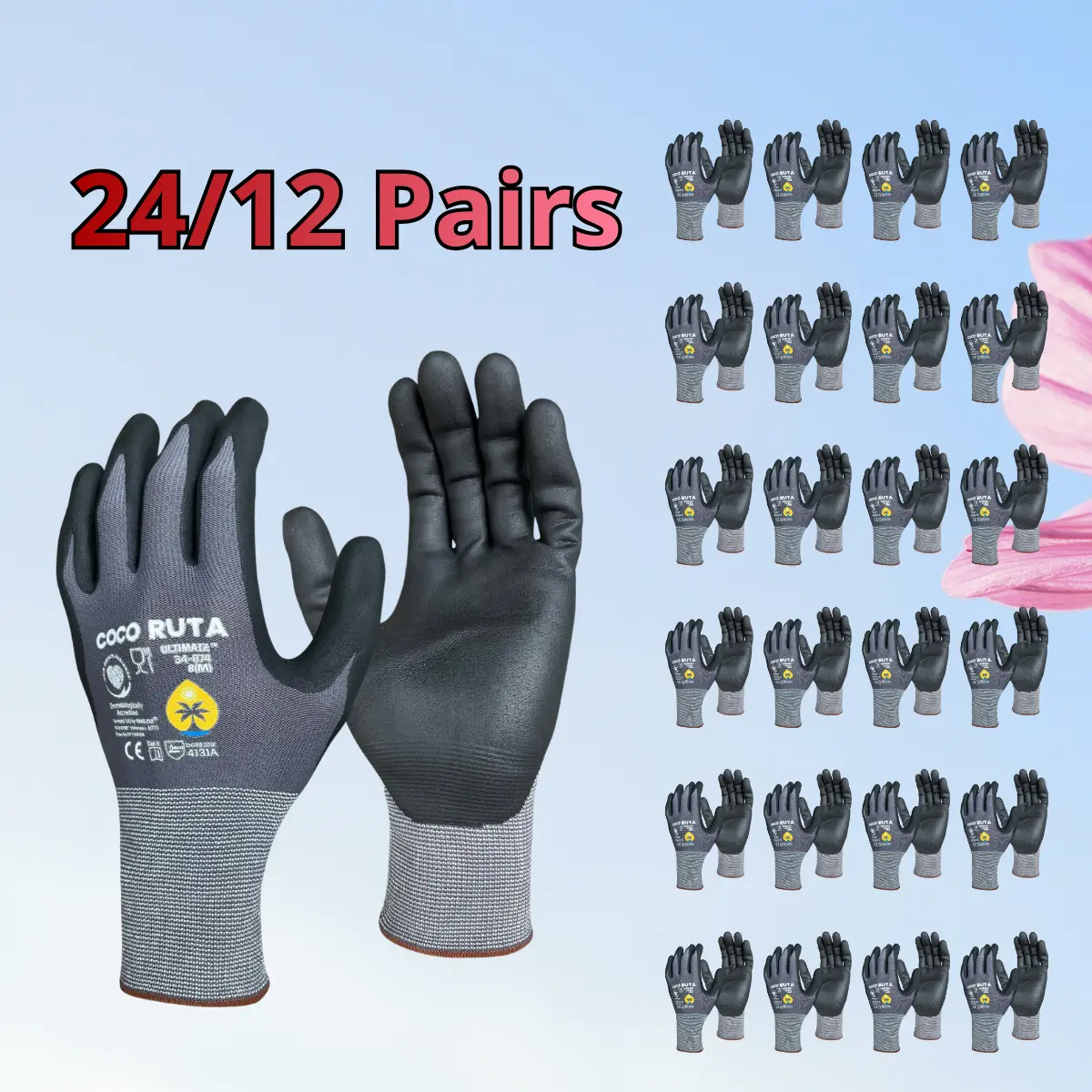 24/12 Pairs COCO RUTA Gloves 34-874 Safety Gloves | Guantes Para Trabajo - COCO Gloves For Men Nitrile Micro Foam Grip Palm Comfortable Fit Construction Gear