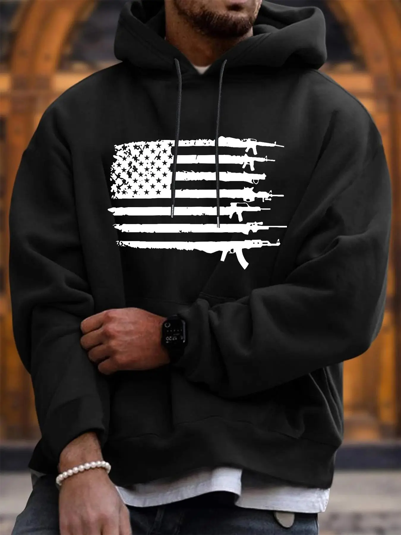 Men's Graphic Drawstring Pocket Essentials Hoodie, Trendy Loose Casual Long Sleeve Hooded Sweatshirt for Daily Wear, Men Clothes for Spring & Fall