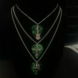 Green Guitar Pick Necklace W/Cross/Spider/Guitar