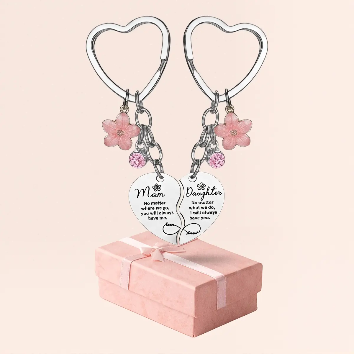 Women's & Girls' 2-Piece Cute Keychains Set, Metal Finish Keyrings with Engraved Hearts, Mother-Daughter Matching Accessory for Gift Occasion (Mother's Day, Birthday), Mom & Daughters