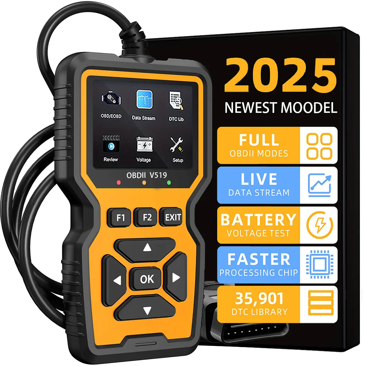 Car OBD2 Scanner Diagnostic Tool Code Reader, Car Voltage Tester Engine Fault Code Scanner, Charging Tester Diagnostic Tool For OBDII Protocol Cars V519 Yellow Lcd Screen Battery