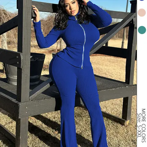 USBoutiqueCHIC Women's 2-Piece Ribbed Knit Set | Bodycon Long Sleeve Top & High-Waist Pants, Slim Fit Outfit for Fall Daily & Date Night, Womenswear