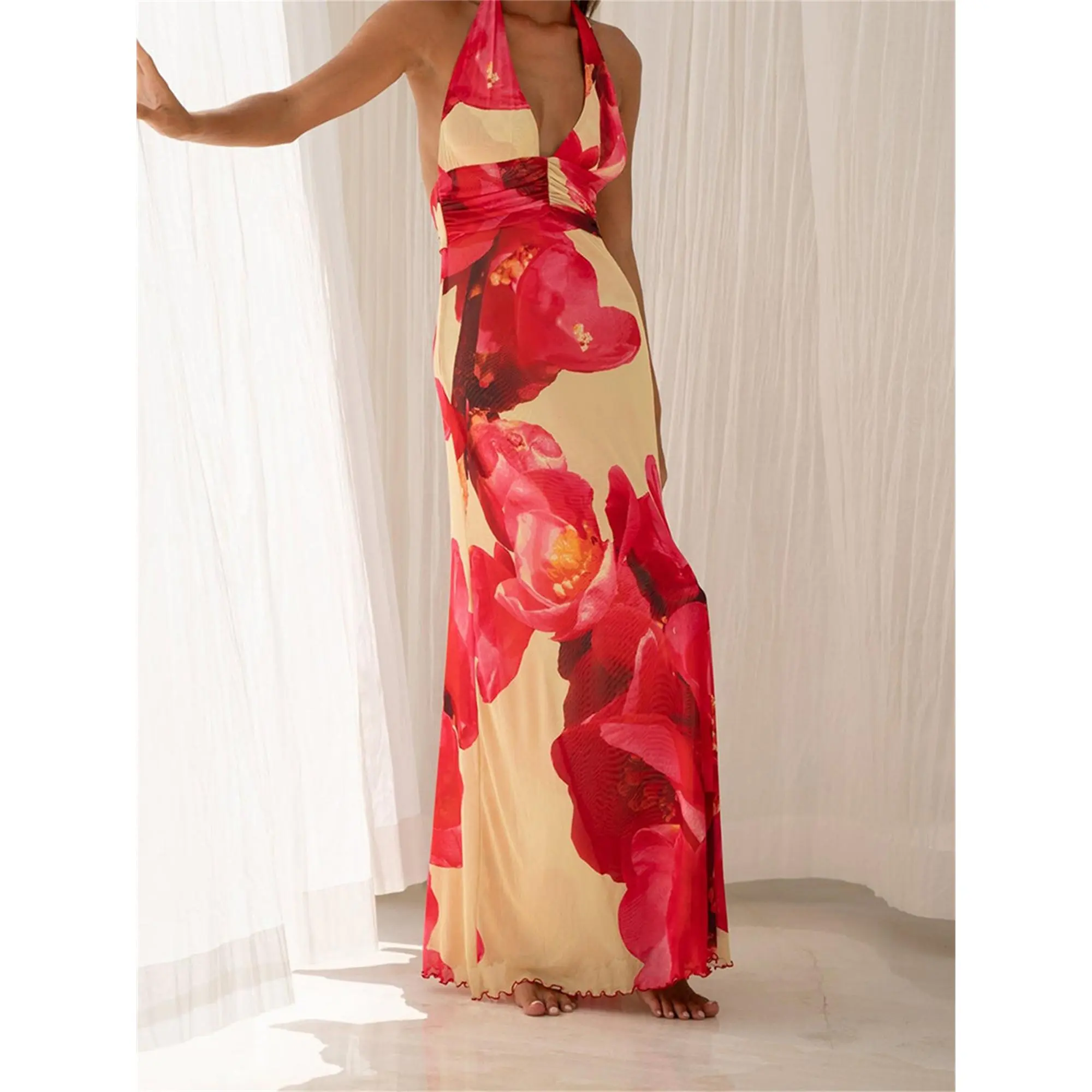 Women Long Dress, Sleeveless Halter Dress Backless Flower/Dots Print Summer  Cocktail Dress Womenswear Feminine Formal Light - TikTok Shop