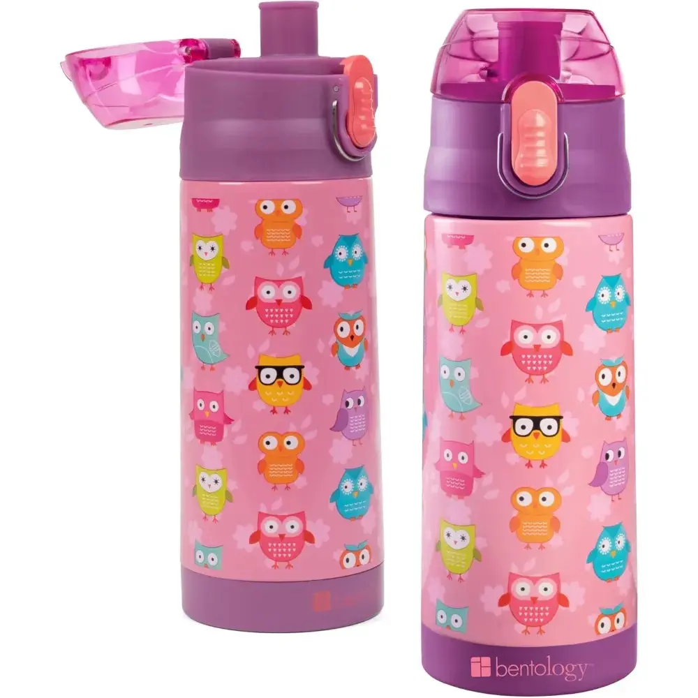 Bentology Stainless Steel 13oz Insulated Kids Water Bottle w Built In Straw- Easy to Open, Reusable BPA-Free, Fits in Most Lunch Boxes for Boys, Girls, School, Sports, Camp- Keep Drink Cold All Day
