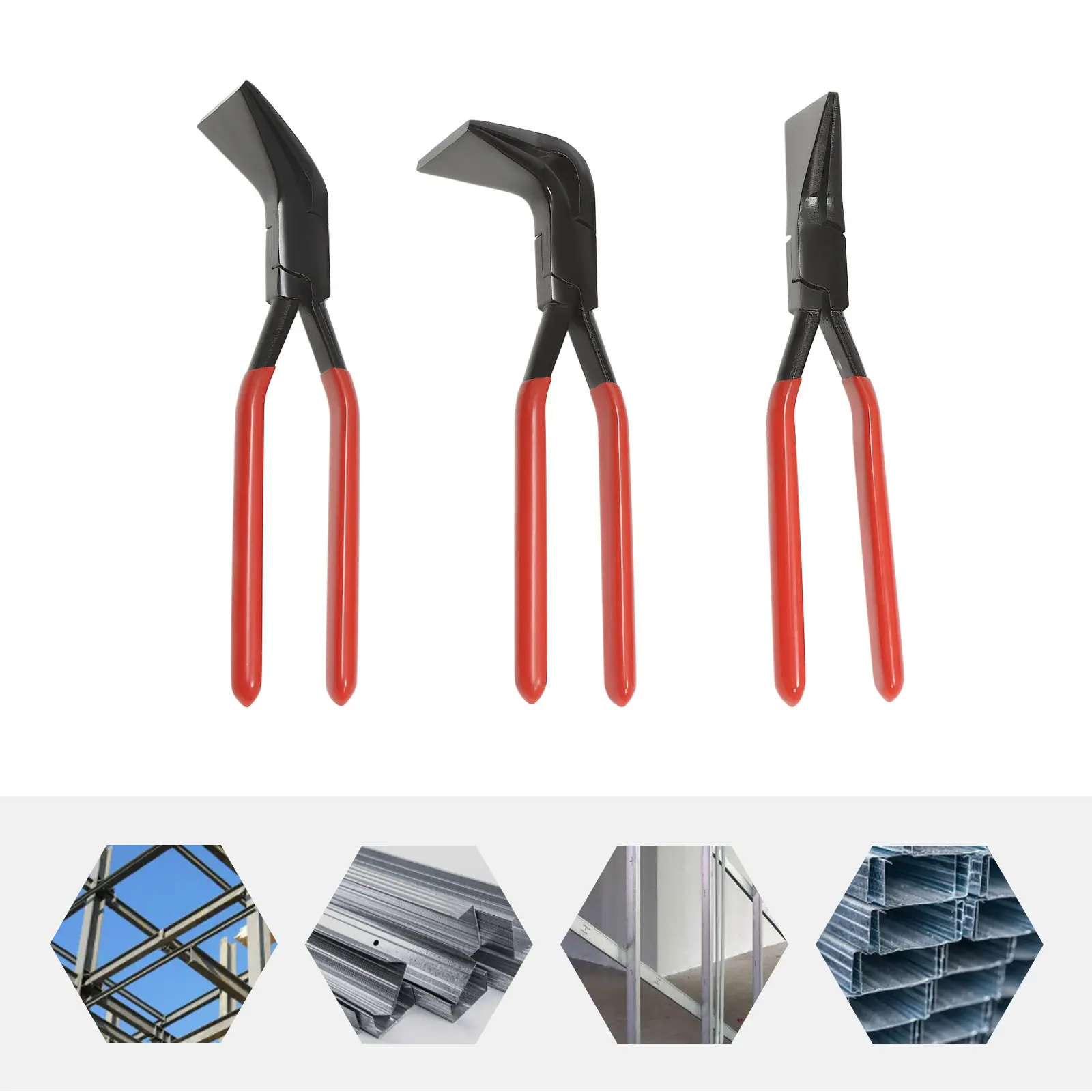3-Piece Carbon Steel Sheet Metal Bending Pliers Set, Red 3-Head Hand Seamer Construction Tools for Aluminum Roofing & Automotive Repair
