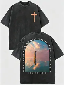 Cross & Isaiah Verse Design 230g Washed Cotton T-Shirt Retro Streetwear Double-Sided Print Pattern Men's T-Shirt Distressed Summer Wear Drop-Shoulder y2k,Vintage,Streetwear Christmas heavyweight pure cotton t-shirt