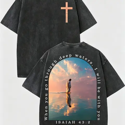 Men's 230g Washed Pure Cotton Crew Neck Short-Sleeve T-Shirt - Cross & Isaiah Verse Double-Sided Print, Distressed Drop-Shoulder Retro Y2K Streetwear, Foldable Expandable Summer Casual Top (Suitable for Chinese New Year)