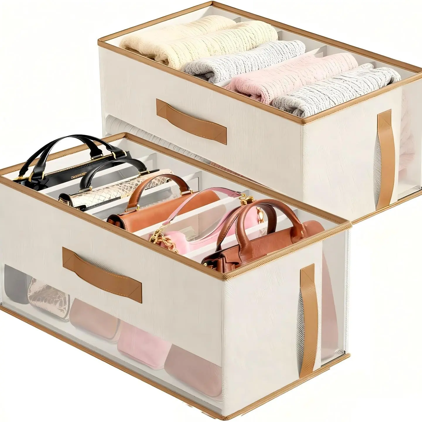 2 Pack Foldable Bag Storage Box with Divided Compartments and Dividers, Handheld Collapsible Fabric Storage Organizer, Divided Compartments Organiser, Foldable Storage Bins, Ideal for Bags Pants Sweaters T-Shirts Scarves