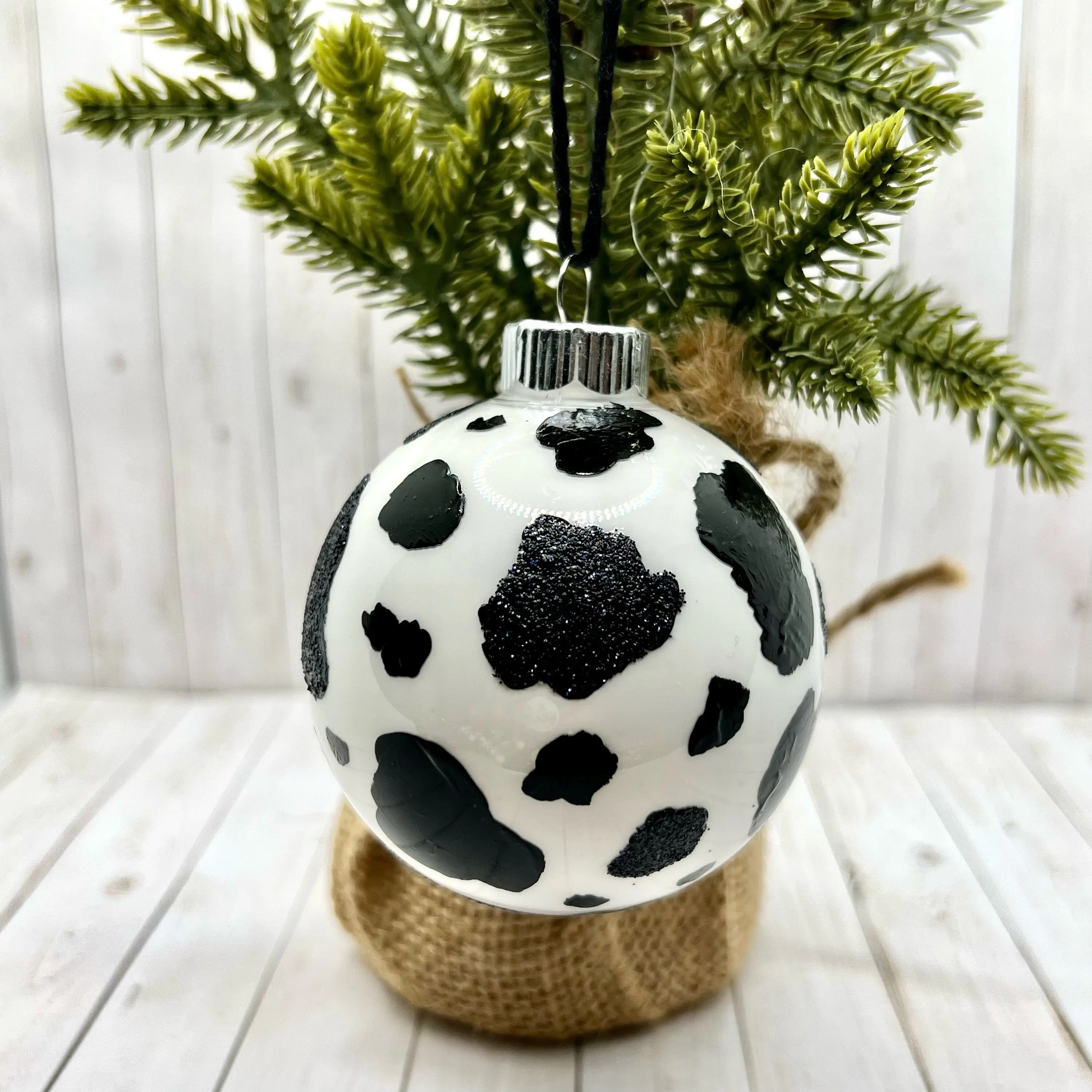 4 Plastic Hand Painted/Glitter Cow Print Ornaments