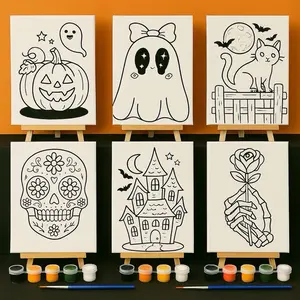 Halloween Paint Kits & Canvases Featuring Ghosts Cats and Houses Perfect for DIY Art Projects