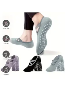 3 Pairs Mixed Color Yoga Socks, Sports Fit Socks, Anti Slip Socks, Non-Slip Silicone Grip, Cross Tie Design, Ideal for Pilates Barre, Dancing, Gymnastics, Indoor Sports, Athletic Running Socks