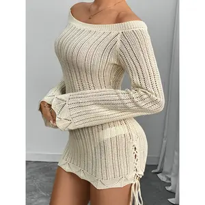Sexy One Shoulder Knitted Bodycon Dress, Side Tie Hollow Out Beach Vacation Cover Up, Slim-Fitting Plain Style