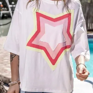 Women's Colorblock Star Patched Half Sleeve Oversized Tee Comfortable Top School Daily Outfits