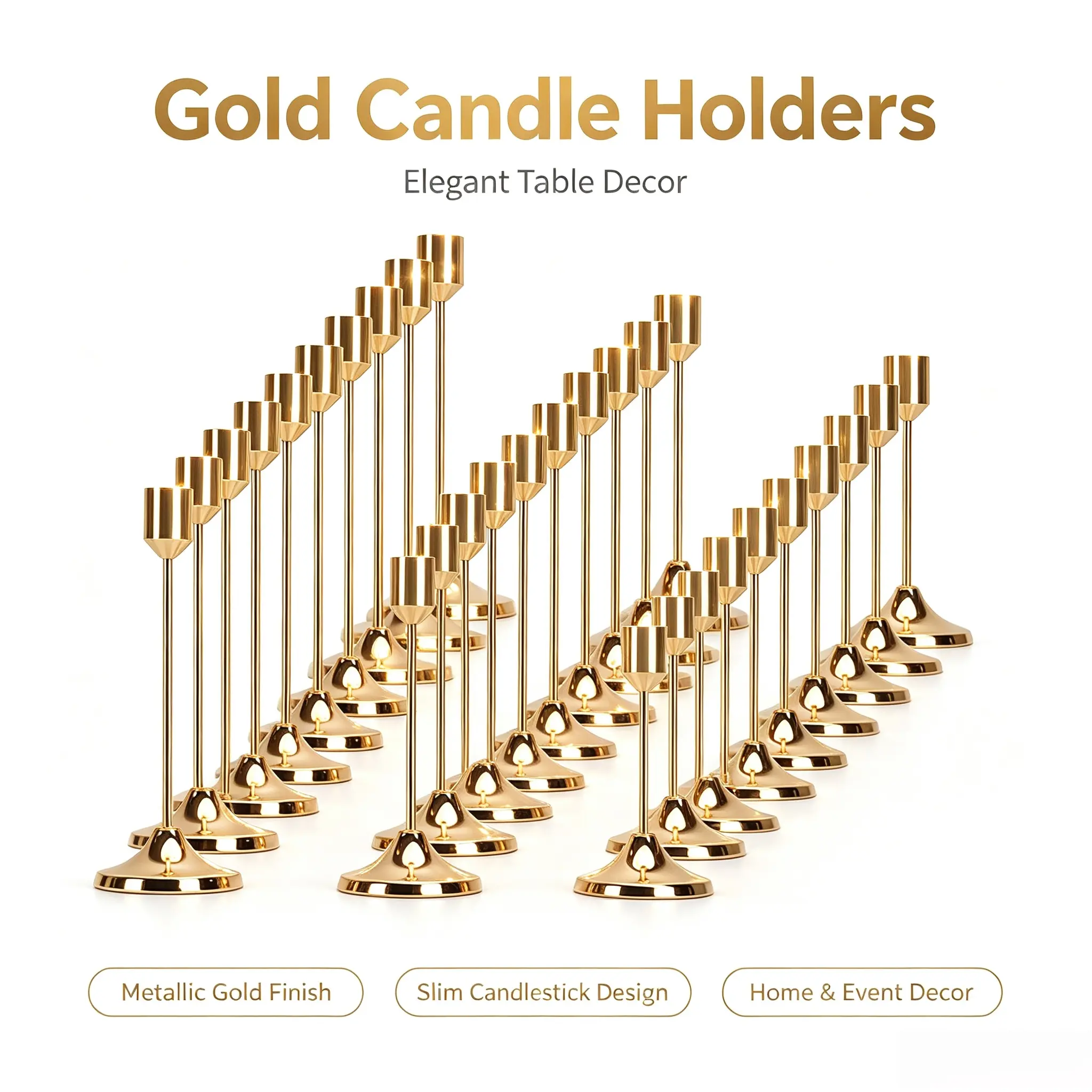 Set of 30 gold metal taper candle holders. Elegant table centerpieces for weddings, Christmas and home decor. Perfect for fall, Halloween, ceremonies and birthdays.