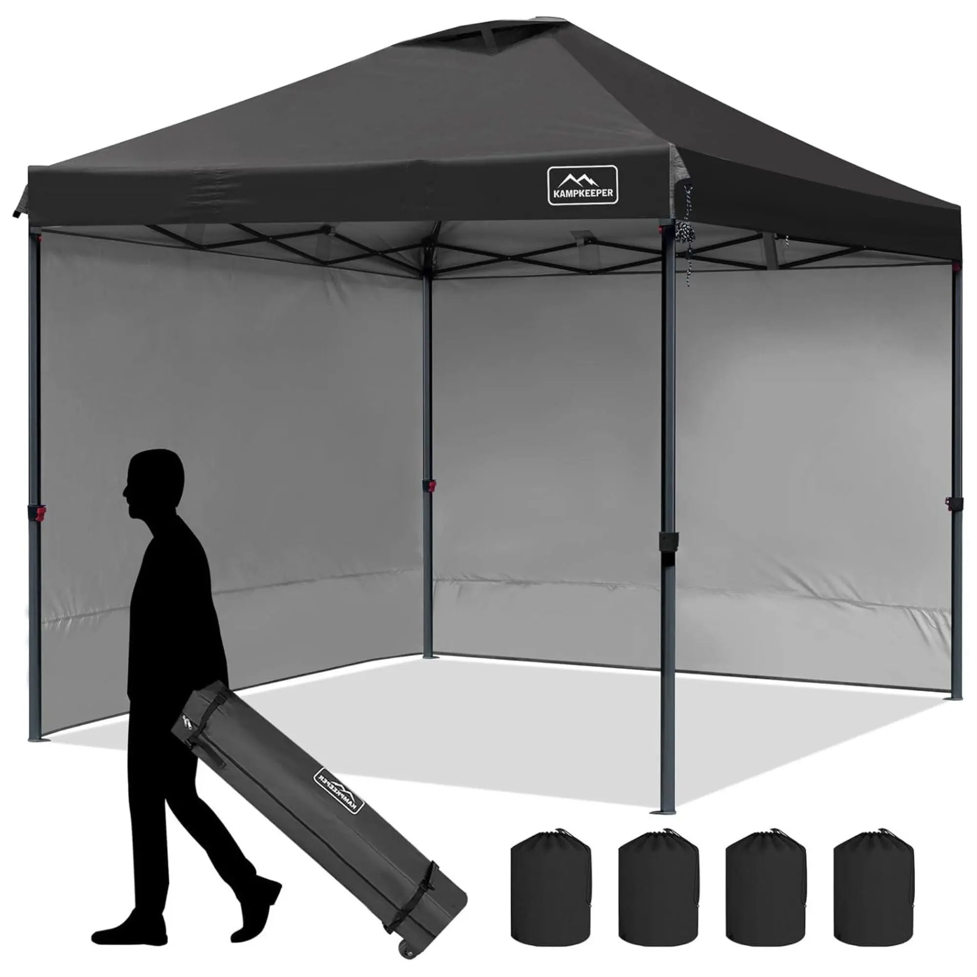 KAMPKEEPER 10x10 Pop Up Canopy Tent with 2 Sidewalls for Outdoor Use, Black