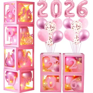 Graduation decorations class of 2026 pink- Graduation Decorations, Balloons Box (4PCS) with letters&balloons,2026 balloons,LED String Light,graduation party decorations