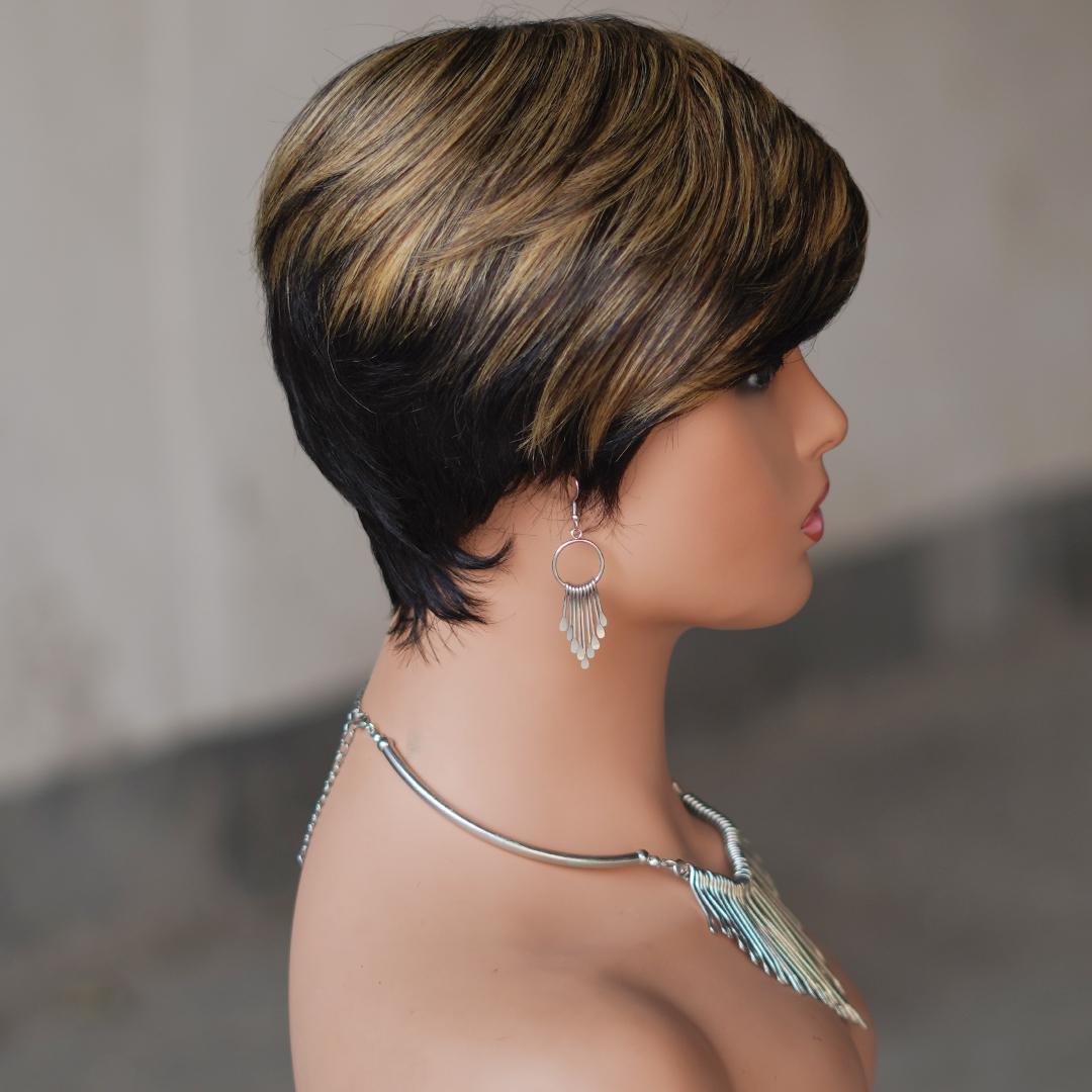 "Glueless Short Pixie Cut Wig With Bangs 180% Density Brazilian Virgin Human Hair P1B/27 Ombre Black Blonde 6 Inch Layered Full Machine Made Natural Look With Wig Caps For Women Daily & Party Wear "	