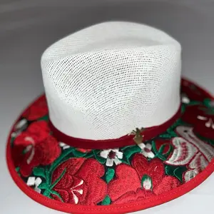 Mexican Hat Woman's Floral Embroidered Red Brim White Mesh Sun Hat for Women Stylish and Comfortable