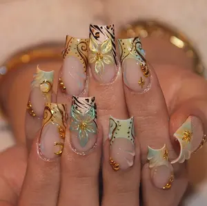 Handmade Elegant Mint Bloom Press On Nails | 3D Floral Art, Gold Baroque Swirls & Soft Zebra Accents | Long Square Nails For Luxe Vintage