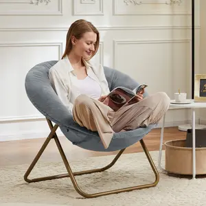 Grey Cozy Saucer Chair - Faux Fur Lounge Chair with Thick Padding, Foldable Metal Frame, Modern Reading Nook Seat for Living Room, Bedroom & Home Decor, 3 Colors Optional (Adult Use)