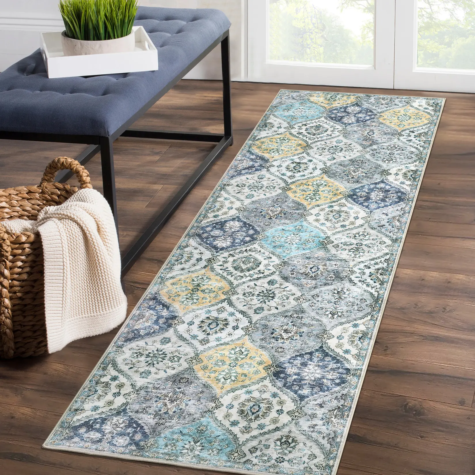 Garvee Machine Washable Area Rug, Vintage North African Trellis/Medallion Low-Profile Accent Mat, Non-Slip Backing, Mark Resistant for Entryway/Kitchen/Bathroom/Bedroom - Grey/Brown/Orange