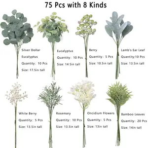 Artificial Greenery Stems Set (Pack of 75pcs) with 8 Kinds of Faux Plants and Fake Flowers for DIY Wedding Bouquet Table Centerpieces and Floral Arrangement