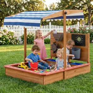 Linor Kids Wooden Sandbox with Roof, Canopy, Adjustable Cover, Sand Funnel, and Drawing Board for outdoor fun in the backyard or beach Play Sand Kit
