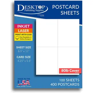 Heavyweight Blank Postcard Paper for Printing - 100 Sheets / 400 Postcards - White - Perforated 4 per Sheet - Thick 80lb Cover Cardstock - Inkjet/Laser Printable