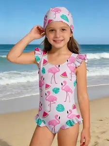 Girls' Summer Beach Swimwear, Flamingo Watermelon Cartoon Pattern, Sleeveless Wooden Trim Swimsuit, Casual Slim-Fitting Suit
