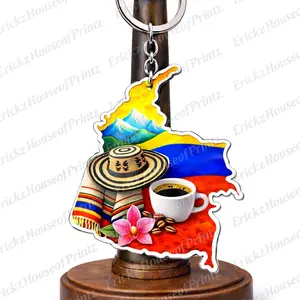 Columbia Keychain - Colorful Design with Hat, Coffee Cup, and Floral Elements