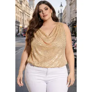 Women`s large size sequin summer top ladies` pile collar sparkling shirt girls` heaps collar loose fit sleeveless evening shirt
