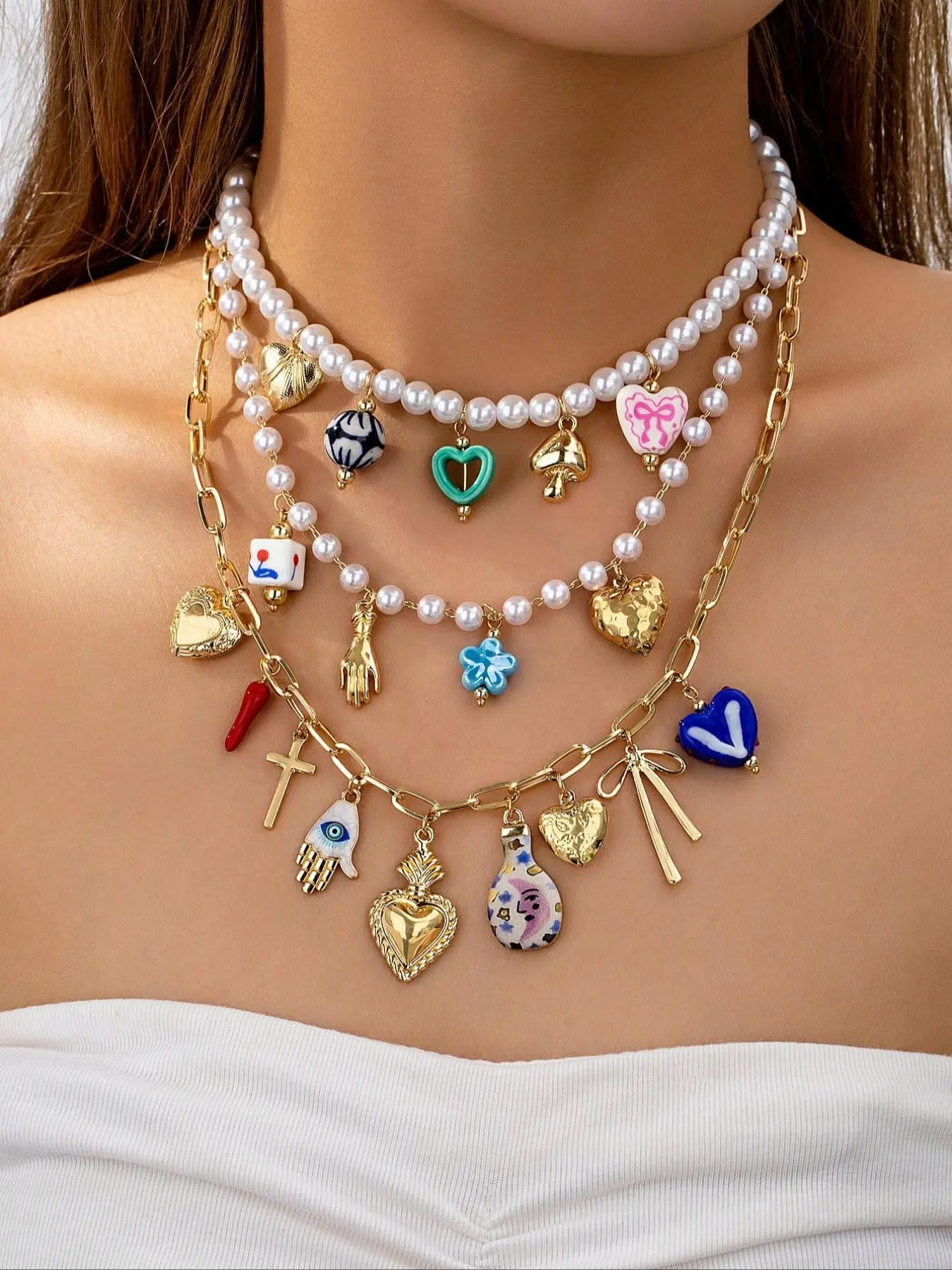 Layering Pearl Beaded Necklace, Heart Locket Charm Necklaces Set for Women, Funky Y2K Bow Cross Charms Boho Jewelry