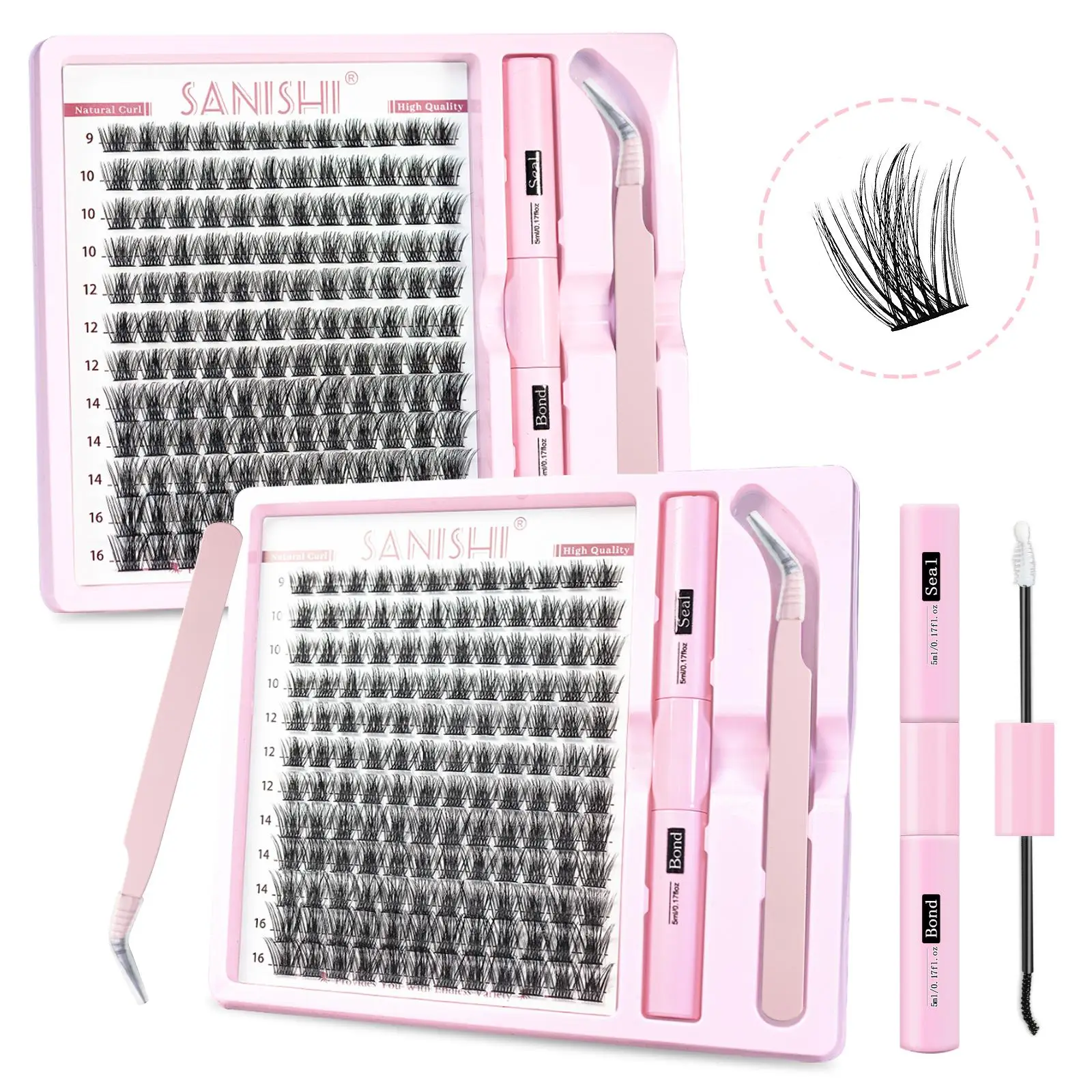 Summer 9-16mm D Curl Individual Eyelashes Extensions Kit, 1 Set Eyelash Extension Fluffy Curl False Eyelashes & Tweezers & Glue, DIY Eyelash Extension