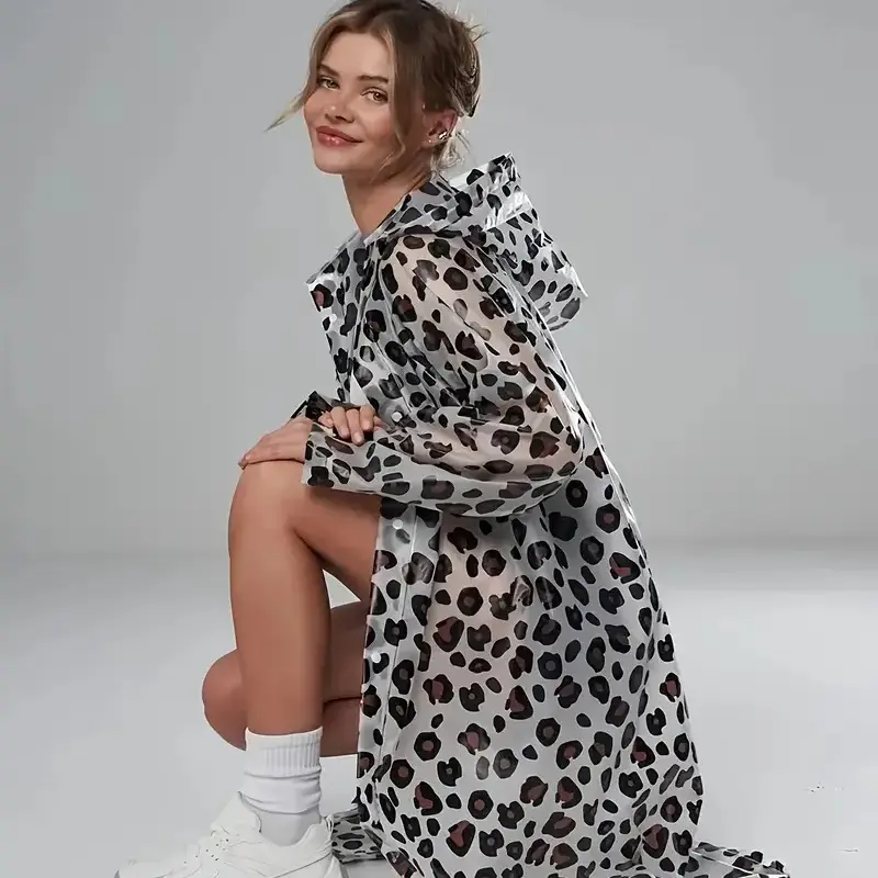 Stylish Leopard Print EVA Raincoat for Women, Lightweight All Seasons Outdoor Rain Cape with an Adjustable Hood and Pockets, Rain Protection, Side Pockets, Outdoor Wear