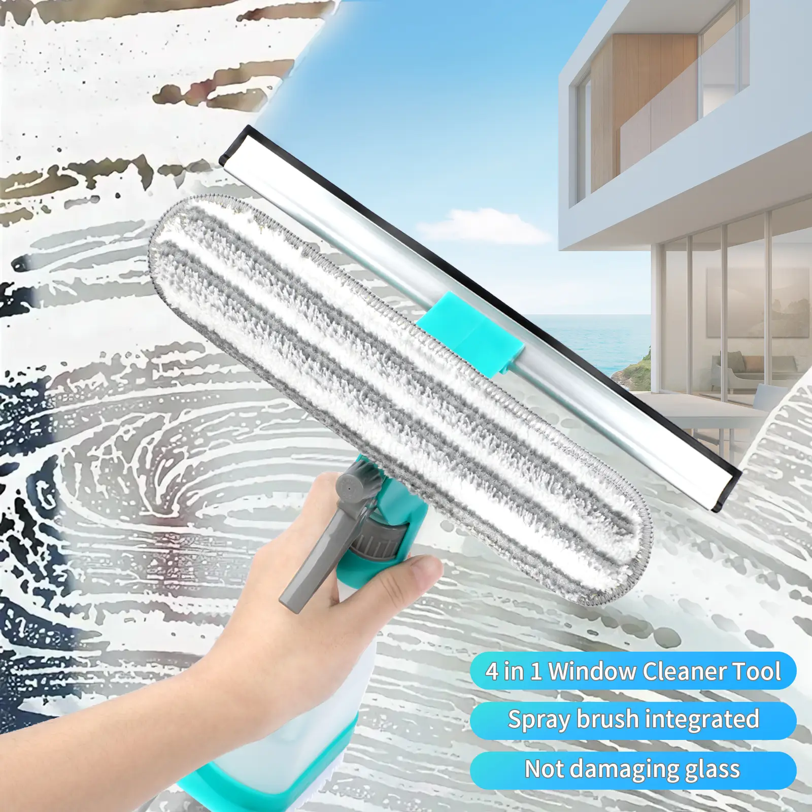 Window Cleaning Tool with Spray Bottle 4-in-1 Set Multi-Purpose Rubber Squeegee and Microfiber Cleaning Head for Dirty Indoor Glass Cleaner