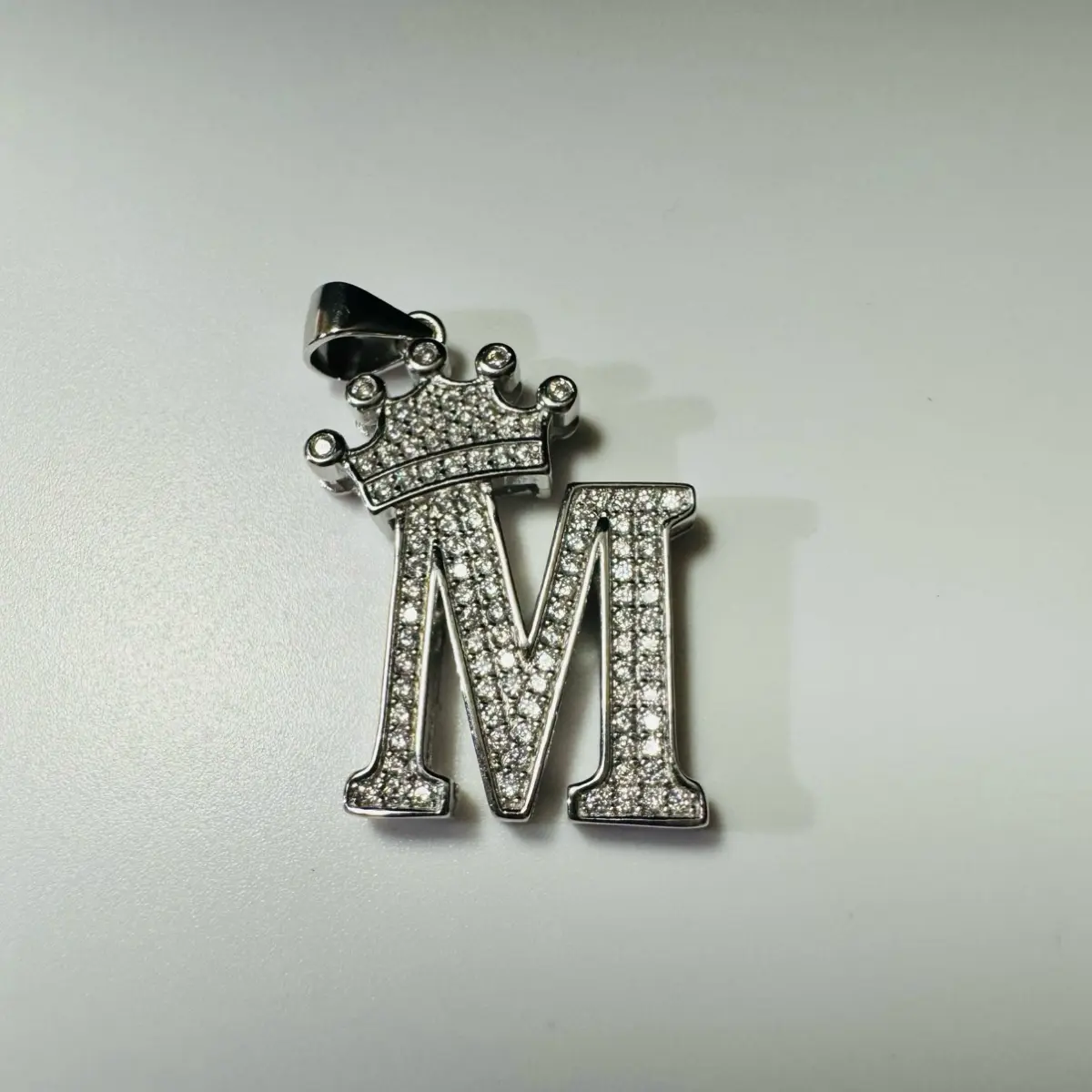 Rhinestone Letter M Crown Pendant Charm, Silver