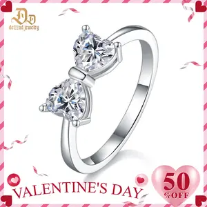 Delzzad 1.6ct Classic Heart Cut Ring Angelic Bow Ring D Color VVS Synthetic Moissanite Ring Jewelry S925 Perfect Birthday Engagement Wedding Anniversary Christmas Valentine's Day Gift
