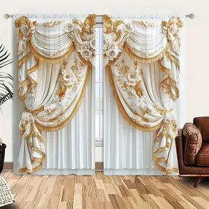 European Style Floral Print Curtain, 1 Set Exquisite Elegant Curtain, Window Drapes, Home Decoration Curtain, Home Decor for Living Room Bedroom Hotel