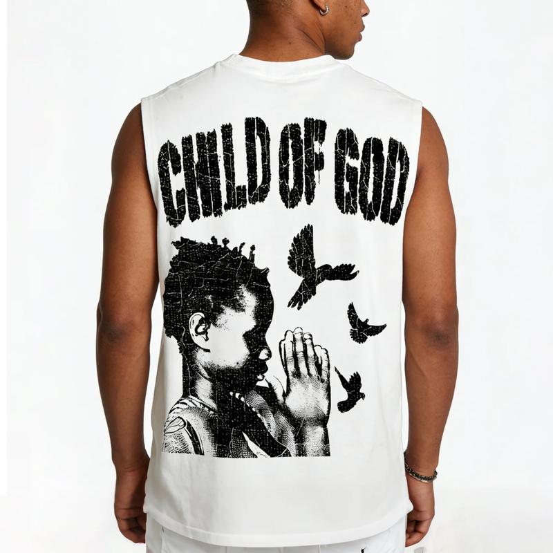 Sopula Studio Men's "Son of God" Peace Prayer Pattern T-Shirt - Loose-fitting Men's Clothing without Sleeves Casual Style  Casual Summer Tshirt