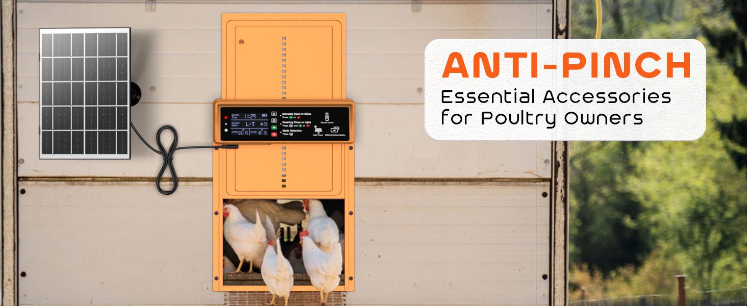 Solar Automatic Chicken Coop Door with Timer & Light Sensor – Auto Open & Close Chicken Door, Anti-Pinch Safety, Durable Aluminum Poultry Door, 7W Solar Panel & USB Charging Backup Easy Install manual setting enclosure reliable conductivity