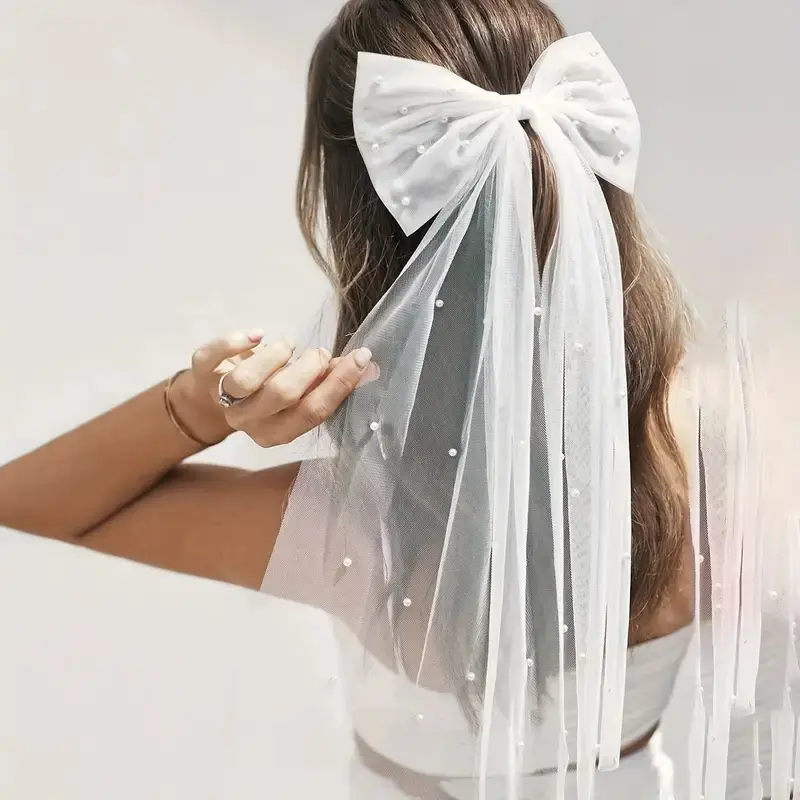 Elegant Bridal Bow Hair Clip with Faux Pearls, Sweet Style Sheer Ribbon Wedding Veil Accessory, Fashion Fairy Tale Headpiece, Tiara