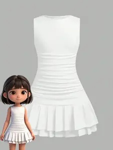 1 piece of pure desire style sleeveless waist cinched pleated dress, double-layer pleated skirt hem, sleeveless round neck design, slightly stretchy skin friendly fabric, versatile pure white color tone